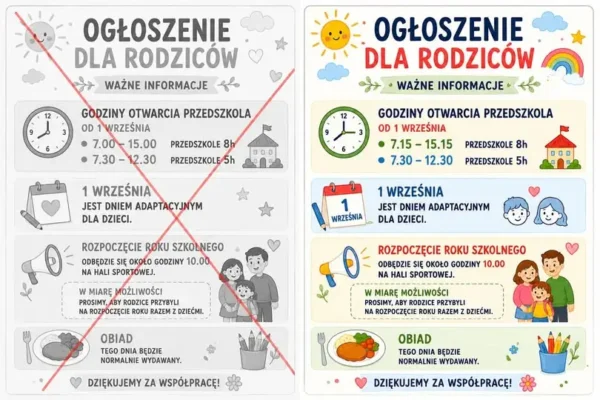 Zmiana godzin otwarcia przedszkola od 1 września