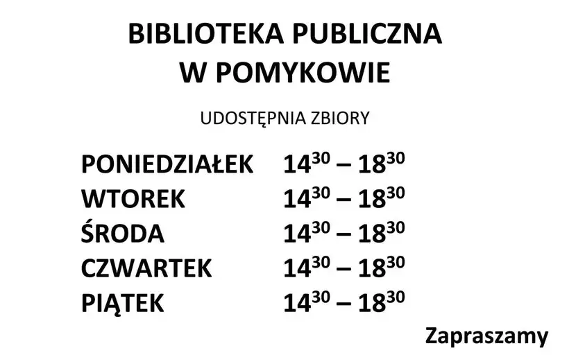 Zmiana godzin otwarcia Biblioteki w Pomykowie od 2 września