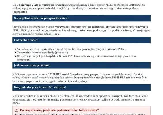 Osoby z Ukrainy z PESEL UKR muszą potwierdzić tożsamość do 31 sierpnia