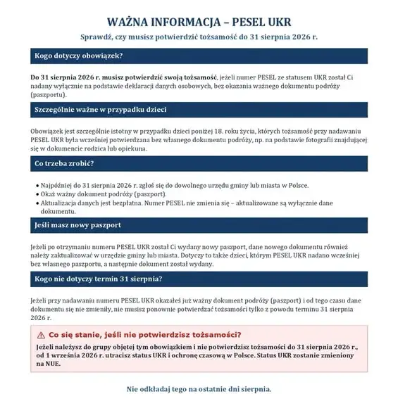 Osoby z Ukrainy z PESEL UKR muszą potwierdzić tożsamość do 31 sierpnia