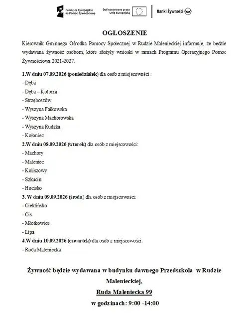 Wydawanie żywności w Rudzie Malenieckiej – harmonogram na wrzesień 2026