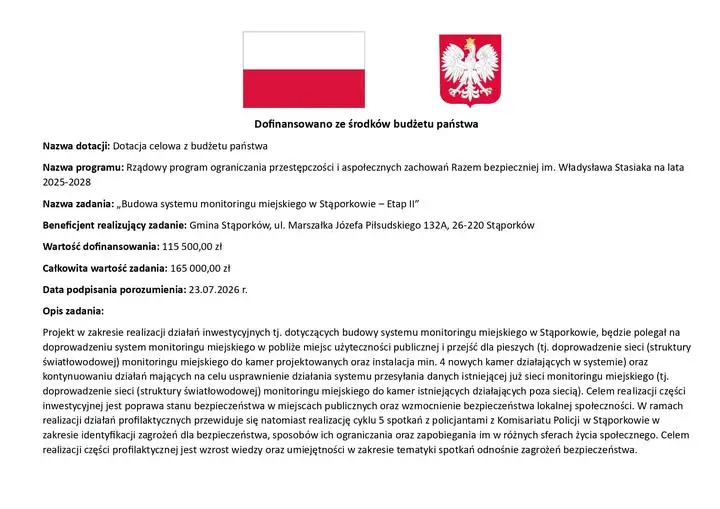 Monitoring miejski w Stąporkowie rozbudowany dzięki rządowej dotacji