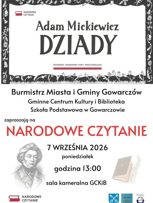 Narodowe Czytanie 2026 w Gowarczowie: „Dziady” Mickiewicza w Sali Kameralnej GCKiB
