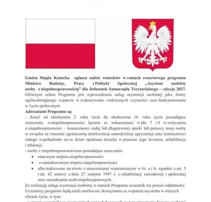 Gmina Słupia Konecka ogłasza nabór do programu „Asystent osobisty osoby z niepełnosprawnością” – edycja 2027