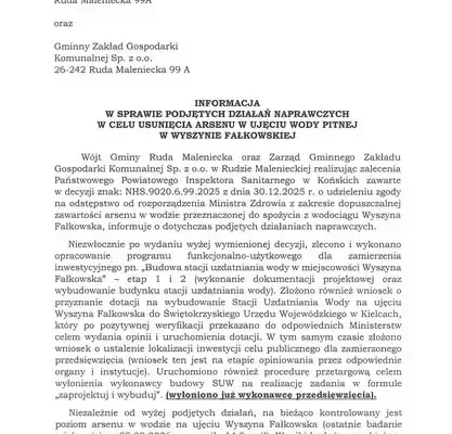 Arsen w wodzie pitnej w Wyszynie Falkowskiej – gmina Ruda Maleniecka podejmuje działania naprawcze