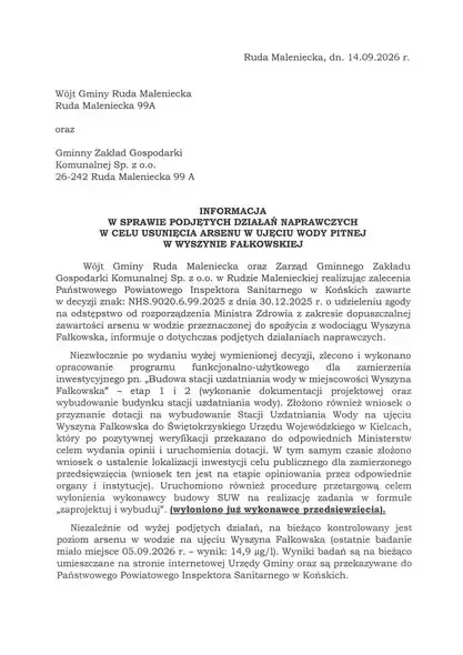 Arsen w wodzie pitnej w Wyszynie Falkowskiej – gmina Ruda Maleniecka podejmuje działania naprawcze
