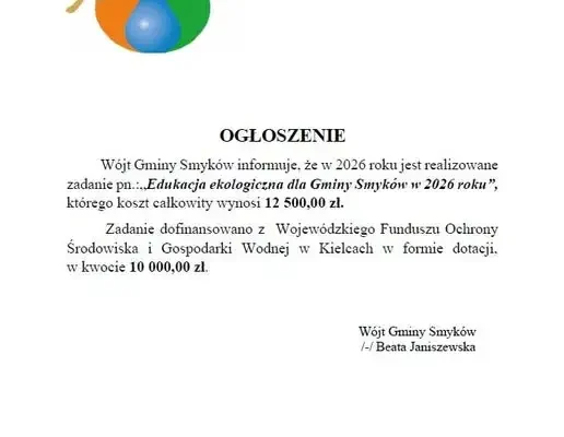 Gmina Smyków realizuje zadanie „Edukacja ekologiczna” – 10 tys. zł dofinansowania z WFOŚiGW w Kielcach