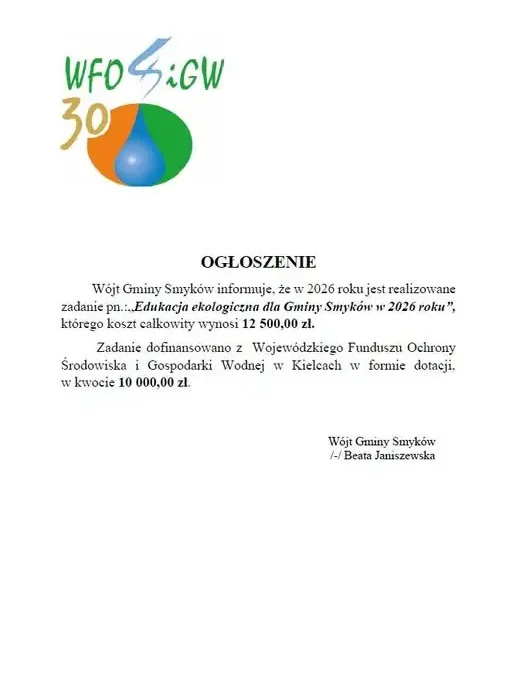 Gmina Smyków realizuje zadanie „Edukacja ekologiczna” – 10 tys. zł dofinansowania z WFOŚiGW w Kielcach