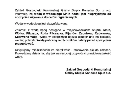 Woda z wodociągu Mnin nadal niezdatna do spożycia – ZGK Słupia Konecka przedłuża akcję dostaw wody