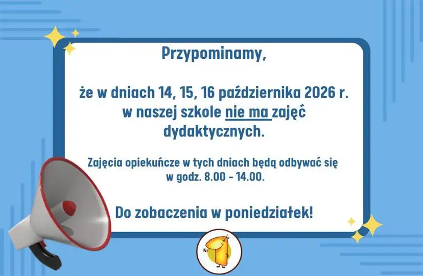 Dni wolne od zajęć dydaktycznych w PSP Jedynka – 14-16 października 2026