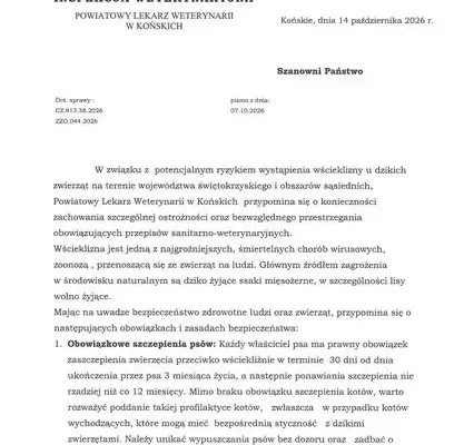 Wścieklizna zagrożeniem w Świętokrzyskiem – weterynaria apeluje o ostrożność